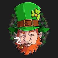 St Patrick Leprechaun face smoking pipe illustration in high quality and shadows, for St Patrick day designs vector