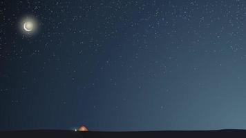 Starry sky, field, fire and tent night landscape. vector