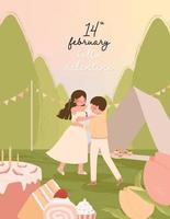 Happy Valentine's day card with romantic couple dancing together vector illustration