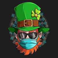 Cara de duende de San Patricio con gafas de sol y máscara médica, ilustración en alta calidad y sombras, para diseños del día de San Patricio vector