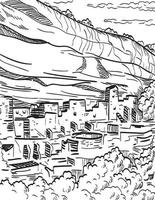 Mesa Verde National Park in Colorado with Puebloan Cliff Dwellings Woodcut Black and White vector