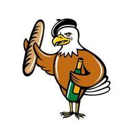 american eagle wearing beret holding a baguete and bottle of wine cartoon vector