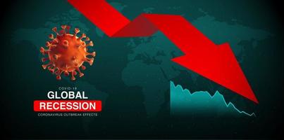 Coronavirus global recession graphic with virus, downward red arrow, and area graph
