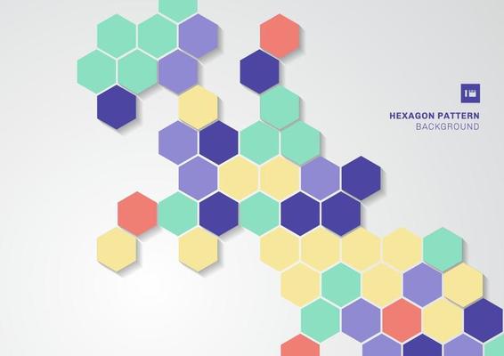 Abstract colorful hexagons shape minimal pattern on white background.