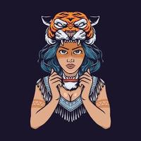 niña de la tribu con cabeza de tigre dibujado a mano ilustración vector