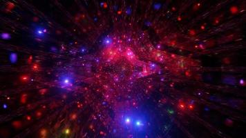 Túnel de nave espacial oscura con partículas brillantes.