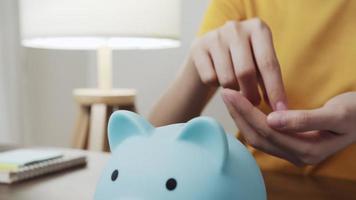 Woman Puts Coins in a Piggy video