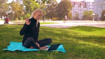 blondes Mädchen hat Videoanruf im Freien video