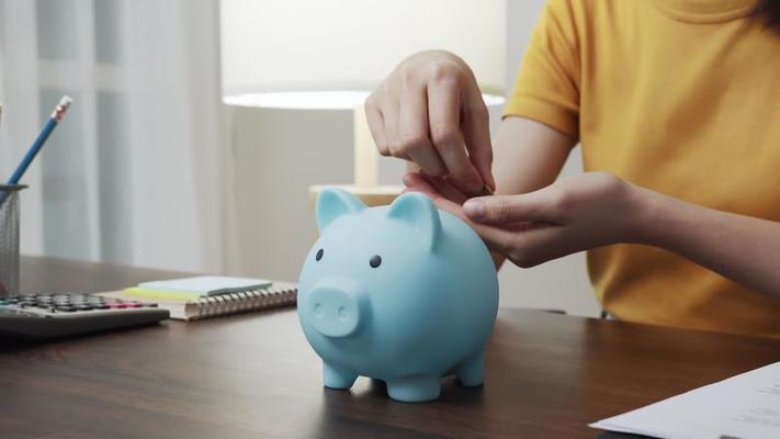 Woman Put Coins in a Piggy Bank