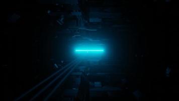 futuristischer Science-Fiction-Raumschiffkorridor mit Rohren und energetischen Neonlichtern