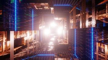 Golden science-fiction tunnel with blue neon wireframe lights video