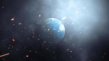 World zoom in explosive light flares smoke dust