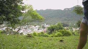 Rear view of tourist walking on the lawn and taking picture from the hilltop  video