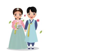 Cute couple in traditional Hanbok dress cartoon character of South Korea. video