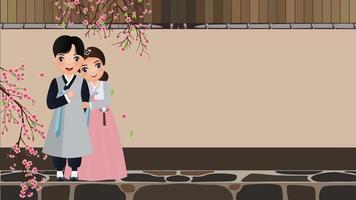 pareja en traje tradicional hanbok con flores de cerezo y hojas caídas. video