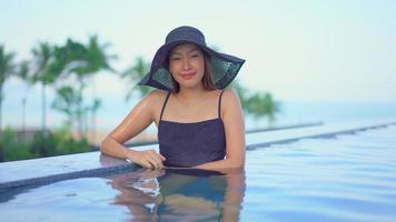 Mujer dentro de la piscina sonriendo a la cámara video