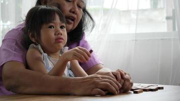 Grandmother And Granddaughter Play With Jenga Blocks video