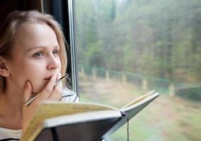 Woman writing on a train photo