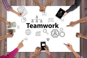 Top view of business team meeting and discussion with ideas and creative icon design photo