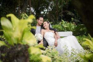 Bride and groom sitting on branch with the green park background photo