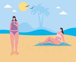 Women in swimsuits, wearing face masks at the beach vector