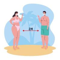 People social distancing at the beach with face masks vector