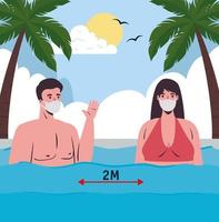 pareja en traje de baño, distanciamiento social y con máscaras faciales en la playa vector