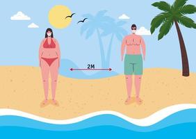 People social distancing at the beach with face masks vector