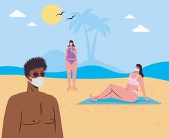 personas en traje de baño, distanciamiento social y con máscaras en la playa vector