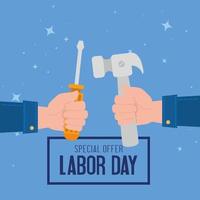 Labor day sale promotion advertising banner with hands holding tools vector