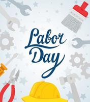 Happy labor day holiday celebration banner with tools and helmet vector