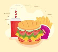 Hamburger with french fries and beverage, fast food combo vector