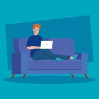 Man working with a laptop on the couch vector