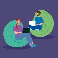 Couple working with laptops on poufs vector