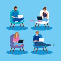 Set of people working with laptops on chairs vector