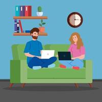 Couple working with laptops in the living room vector