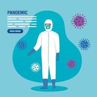 profesional de la salud con un traje de materiales peligrosos para la plantilla de banner de pandemia de coronavirus vector