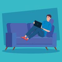 Man working with a laptop on the couch vector