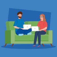 Couple working with their laptops on the couch vector