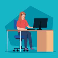 Woman on the computer, working on a desk vector