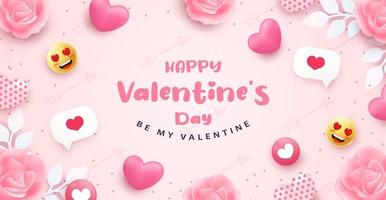 Happy Valentine's Day banner or background with 3D realistic pink heart vector