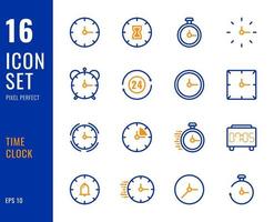 Set of 16 icons time clock, thin line style. vector