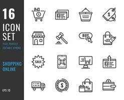 Set of 16 online shopping icons, thin line style vector