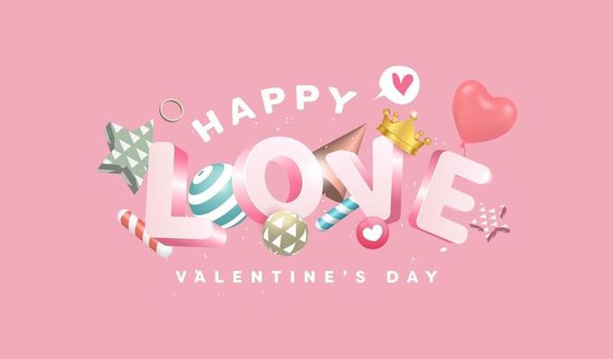 14 February Happy Valentine's day banner with 3D text design
