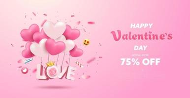 Happy Valentine's Day banner or background with 3D realistic pink heart