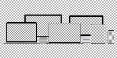 conjunto de computadora de escritorio realista, computadora portátil, tableta, teléfono inteligente. vector de maqueta aislado sobre fondo transparente. diseño de plantilla. ilustración vectorial.