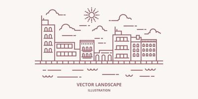 paisaje urbano en vector de línea plana moderna. paisaje de la ciudad de línea fina con edificio, nubes, sol, río. ilustración vectorial.