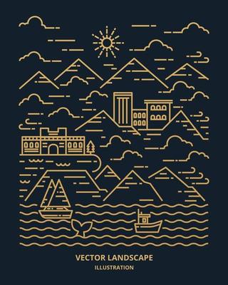 Landscape in modern flat line vector. Thin line landscape with mountain, ocean, building, clouds, sun, boat, whale. Vector illustration.