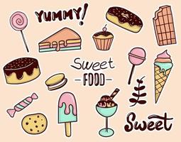 colorida colección de pegatinas de comida dulce dibujadas a mano vector