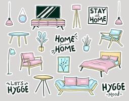 Colorful Hand drawn Hygge style Home furniture stickers collection vector